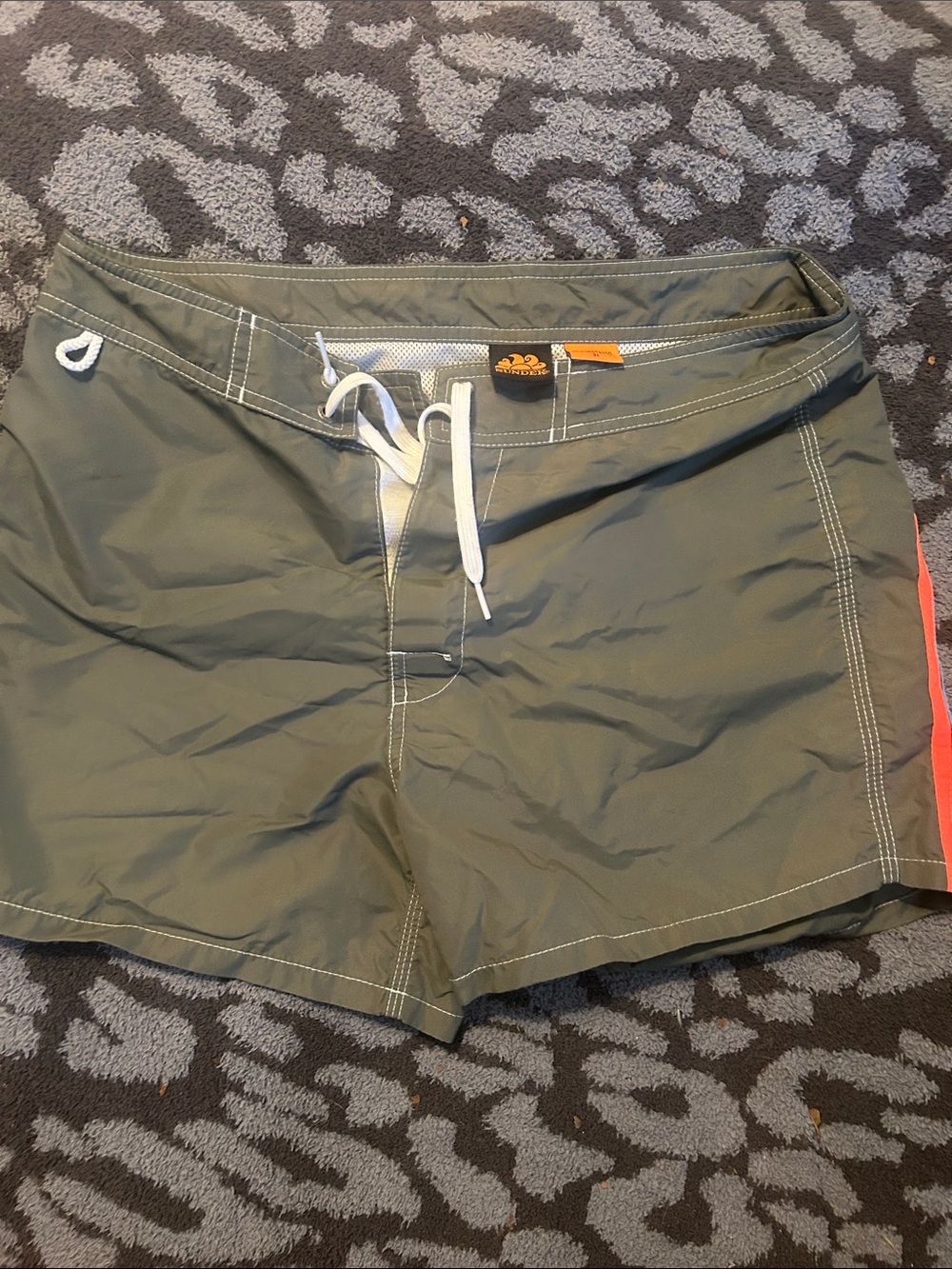 Sunset Olive Green Board Shorts with Coral Side Stripe size 31
